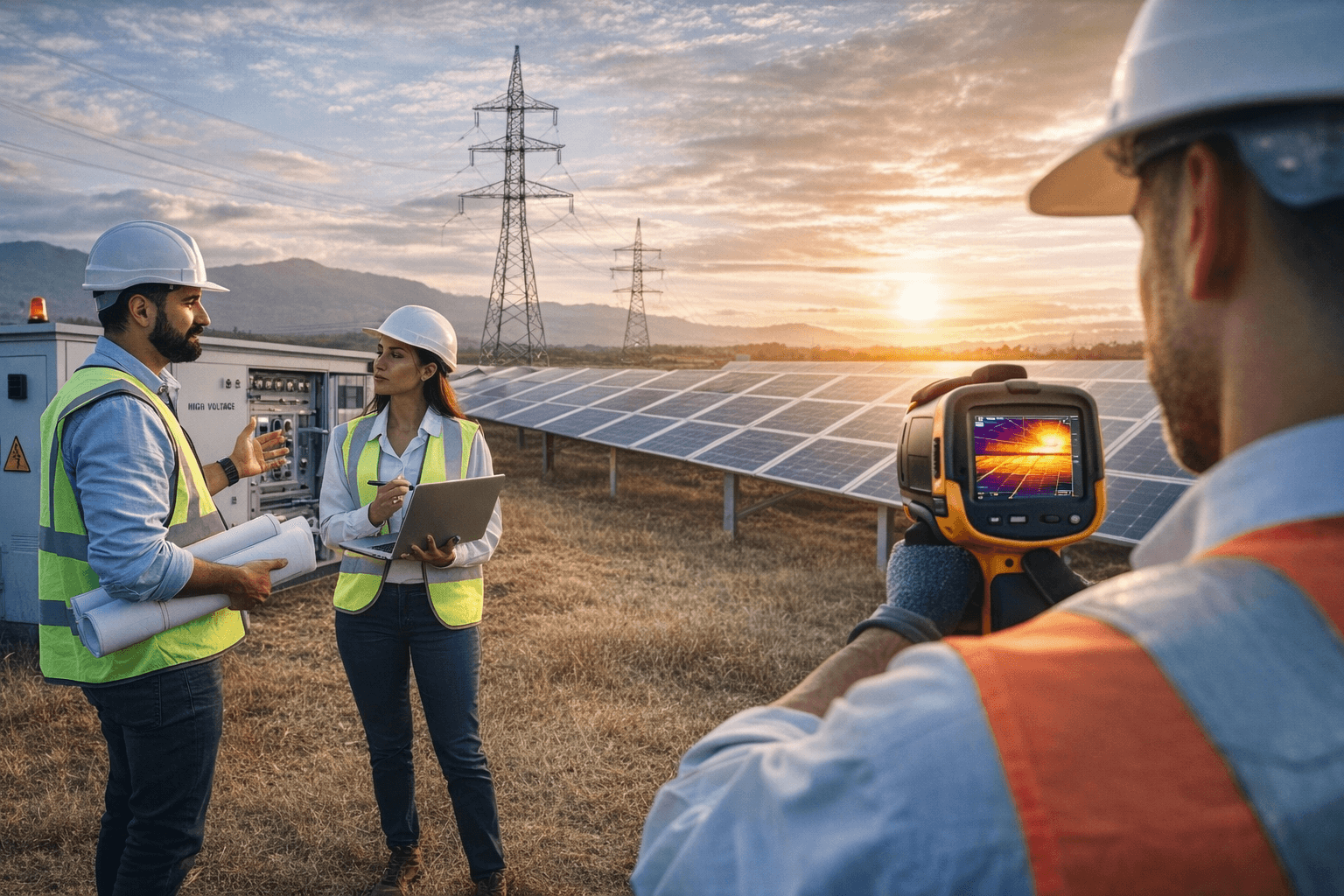 Equipo técnico evaluando prefactibilidad eléctrica en campo